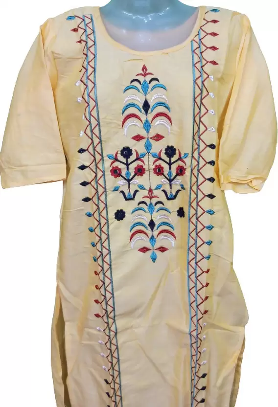 Women Embroidered Cotton Blend Straight Kurta
