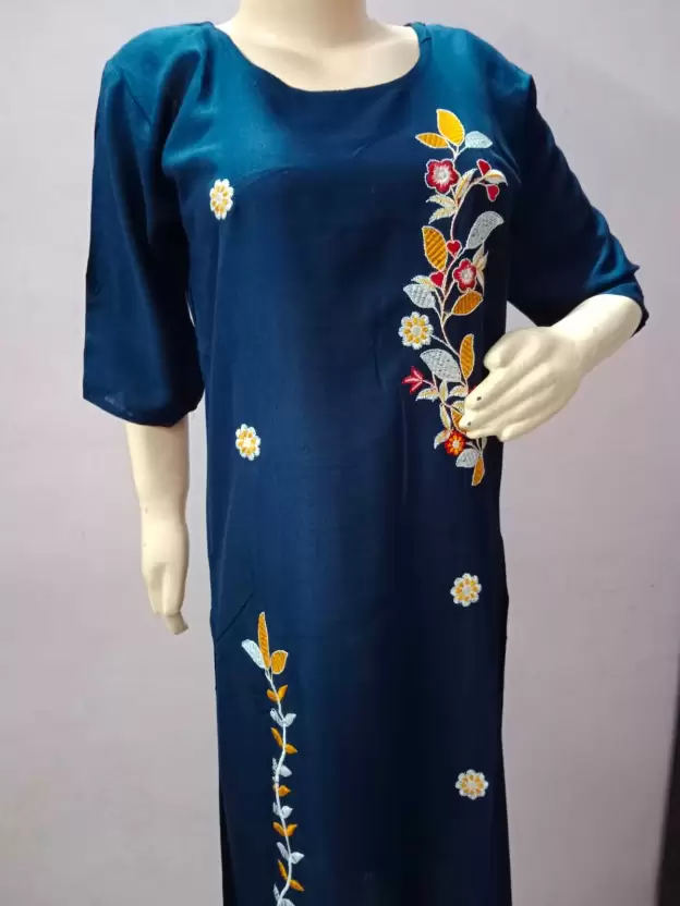 Women Embroidered Cotton Linen A-line Kurta